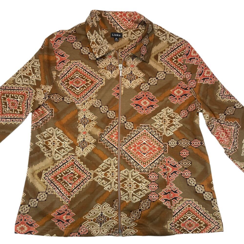 Links Southwest Aztec Jacket Women's XL Brown Full Zip Cardigan Boho Red Gold